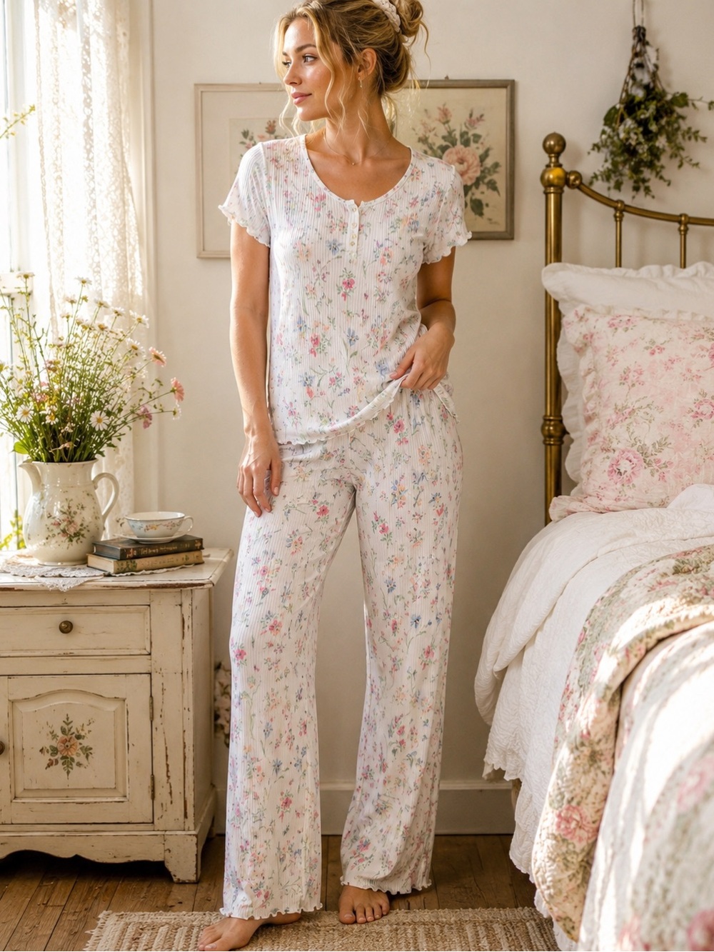 Laura Ashley Floral Pajama Set S Soft Ribbed Cottagecore Sleepwear